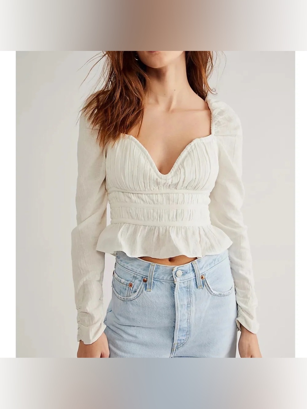 Free People White Ruched Peplum Long Sleeve Top